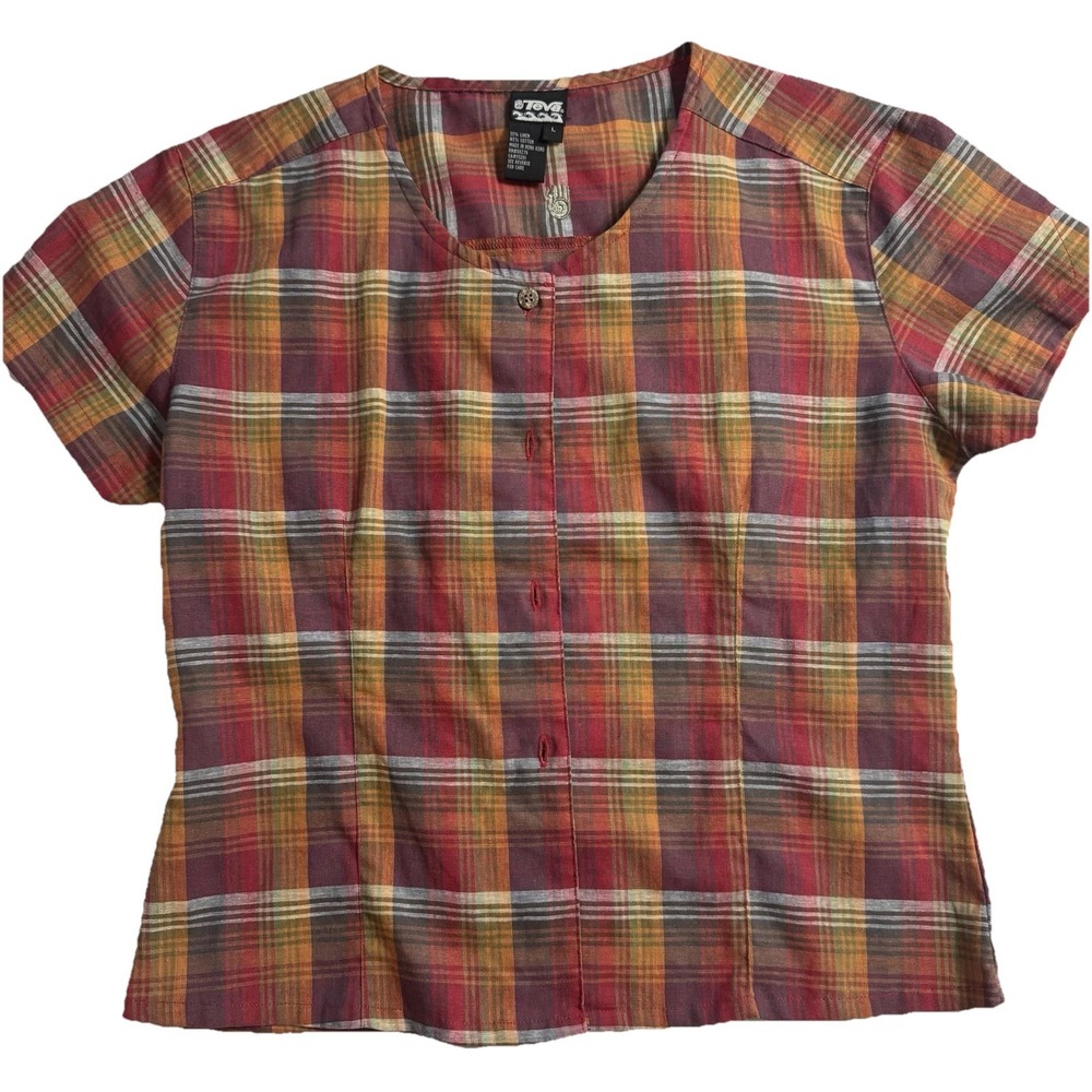 TEVA Shirt Large Button Down Short Sleeve Linen Cotton Outdoors Hiking Plaid